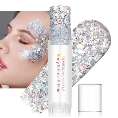 3 Pcs Body Glitter Stick, Holographic Sparkly Shimmer Face Glitter Gel Makeup for Face Body Hair Eyes & Lips, Halloween Chunky Glitter Sparkling Mermaid Sequins (White, Silver, Pink)