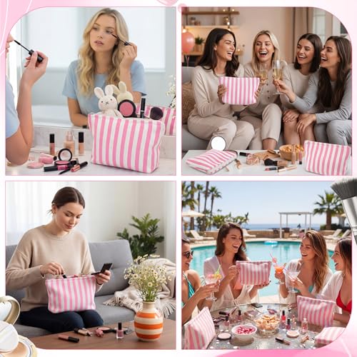 6-Piece Pink Striped Makeup Bag Set - Canvas Travel Toiletry Pouch