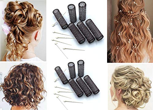 Vintage Style Hair Rollers & Pins Set - 12 Mesh Brush Rollers