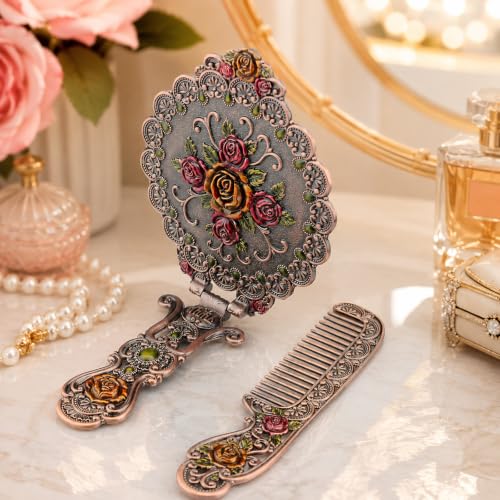 Vintage Hand Mirror & Comb Set - Antique Embossed Rose Design