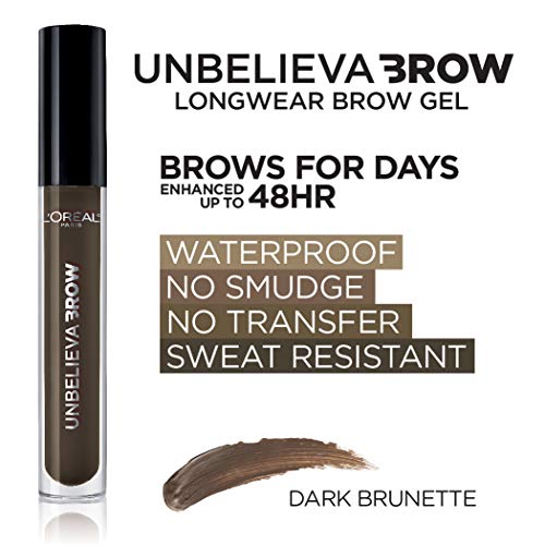 L'Oreal Paris Unbelieva-Brow Longwear Waterproof Tinted Brow Gel, Smudge-resistant, Transfer- Proof, Quick Drying, Easy and quick application with precise brush, Dark Brunette, 0.15 fl. oz.