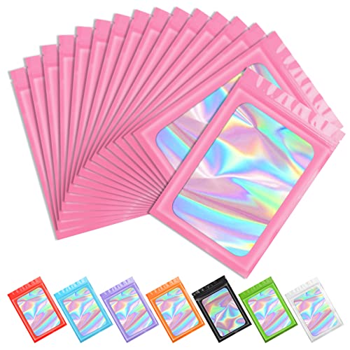 Pink 3x4.7 Inch Resealable Holographic Mylar Bags for Food & Cosmetics - 100 pcs
