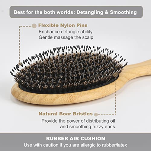 Boar Bristle Hair Brush with Bamboo Paddle & Massage Cushion