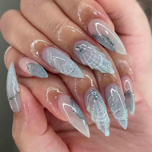 RikView Long Press on Nails Almond Fake Nails with 3D Design Blue Nails Glossy Full Cover Nails for Women 24 PCS