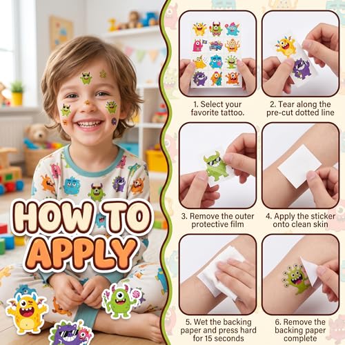 96 PCS Cute Monster Temporary Tattoos for Kids