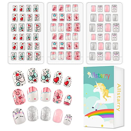 Allstarry 72pcs 3 pack Children Nails Press on Pre-glue Full Cover Glitter Gradient Color Rainbow Short False Nail Kits Lovely Gift for Children Little Girls Nail Art Decoration - Lovely Kitten