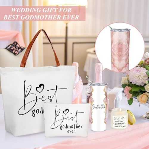 Domensi 4 Pack Godmother Proposal Gifts Set Mother Day Included 20oz Stainless Steel Tumbler Cup with Straw and Lid Best Godmother Ever Gift Tote Bag Makeup Bag Scented Candle Mom Gifts(Pink)
