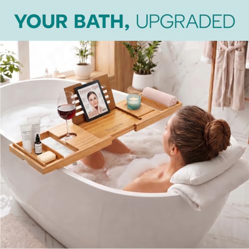 Bamboo Bath Caddy Tray with Adjustable Arms & Wine Glass Holder