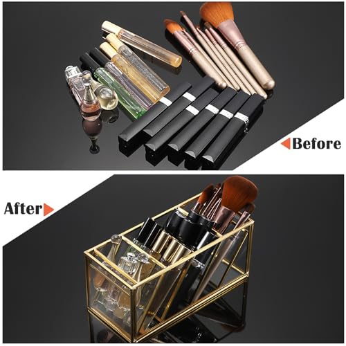 ELLDOO Rollerball Perfume Organizer, 4 Compartment Clear Glass Perfume Storage Holder Vintage Beauty Scent Holder, Metal Makeup Lipgloss Lipstick Display Case