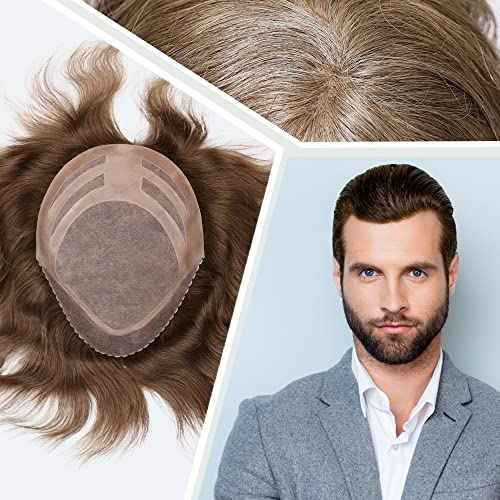 Mens Wigs Toupee for Men European Virgin Human Hair Weave Unit for Man Hair Toupee Mono Lace Top Skin PU Men Hair Replacement System Mens Hairpiece (#18 Dark Blonde Brown Color)