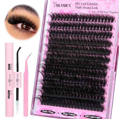 Yawamica Fluffier Lash Extension Kit Thick 200D Volume Eyelash Extension Kit 14-20mm Wispy Lash Clusters Kit D Curly Individual Lashes with Bond and Seal lash Tweezers DIY Cluster Eyelash Extensions