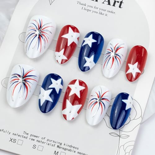 4th of July Press on Nails - Patriotic Almond Design, 30 Pcs