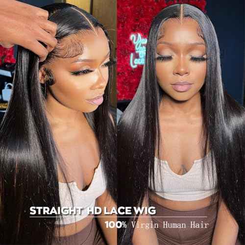 Iris Queen 12A Straight HD Transparent Lace Front Wigs Human Hair Pre Plucked 180 Density Virgin Human Hair 13x4 Full Lace Frontal Wigs for Black Women Natural Black(24 inch)
