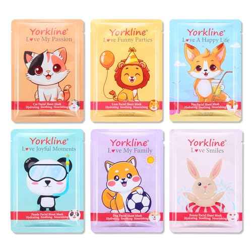 Animal Facial Mask Sheet Skincare, Beauty Facial Mask for Adults and Children. Facial Mask Sheet for Present, Spa Party, Birthday Party, Holiday, Made with Cotton (6 Pieces)