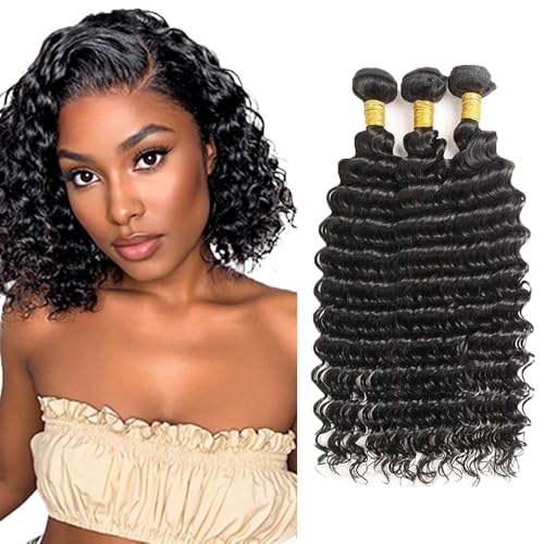 AuokMar Black #1B Deep Wave Human Hair Bundles 28 30 32 Inch Natural Black
