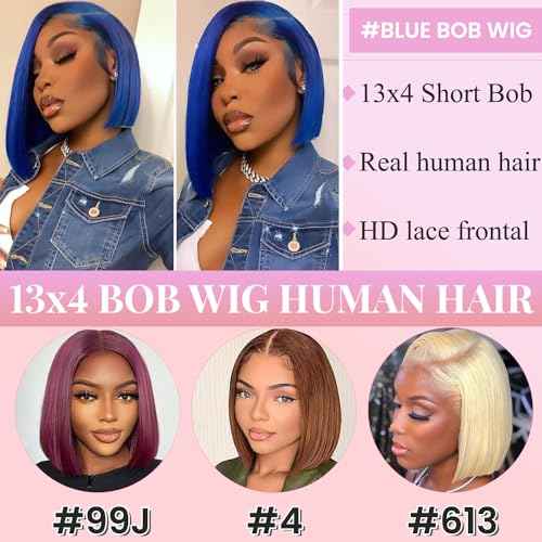 16 Inch Blue Bob Wig Human Hair 13x4 HD Lace Front Wigs Human Hair Pre Plucked with Baby Hair Glueless Bob Wig Human Hair 180% Density
