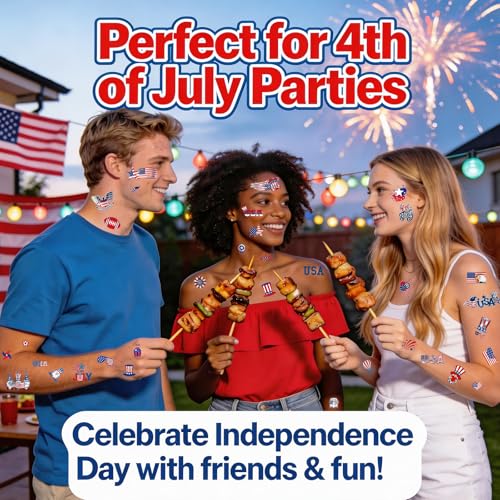 4th of July Temporary Tattoos, 12-Sheet Patriotic Set