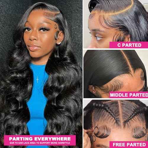 13x6 Lace Front Wigs Human Hair 180% Density HD Transparent Body Wave Lace Front Wigs Human Hair Body Wave Glueless Frontal Wig Human Hair for Women Pre Plucked with Baby Hair Natural Black