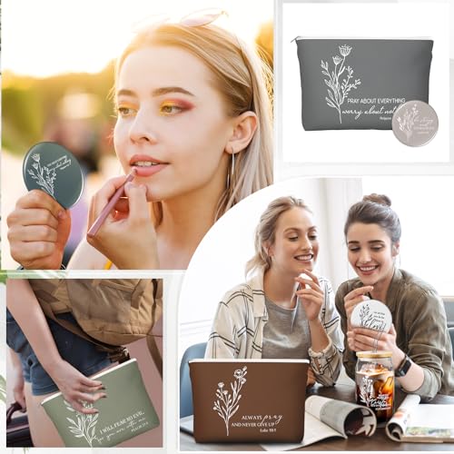 Fumete 10 Sets Christian Gift for Women Easter Mother's Day Sunday School Teacher Makeup Bag Flower Bible Verse Coffee Cup with Bamboo Lid Straw Religious Church Mini Compact Mirror (Bible-d)