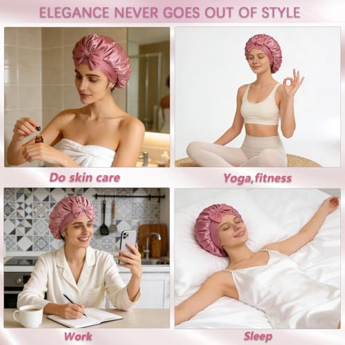 Silk Satin Bonnet for Women with Elastic Tie - Large Sleep Cap for Curly Hair - Bean Paste Variation