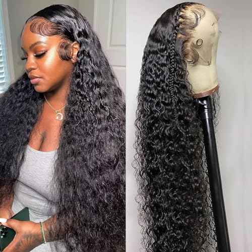 Caijuxing 34 Inch Water Wave Lace Front Wigs Human Hair 200 Density 13x6 HD Lace Front Wigs for Women Pre Plucked Glueless Deep Curly Human Hair Wig Natural Black (34 Inch)