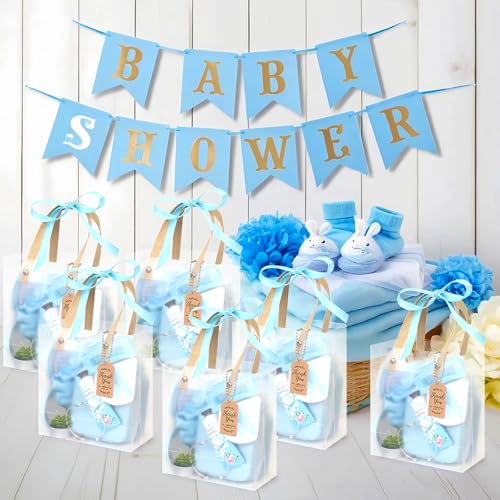 Baby Shower Prizes for Winners Gifts Headband Hair Brush Jewelry Box Plants Candles Bracelet Hand Cream Compact Powder Puff Hair Claw ribbon Gift Bag Beaded Necklace Bridal Shower(6 Sets-Blue)