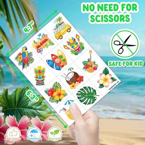96 PCS Hawaiian Luau Pre-Cut Temporary Tattoos for Kids | Super Cute Themed Birthday Party Favors, Supplies, Decorations, Summer Fake Tattoo Stickers (Multiple)