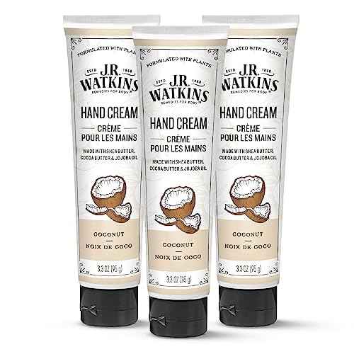 J.R. Watkins Natural Moisturizing Hand Cream, Hydrating Hand Moisturizer with Shea Butter, Cocoa Butter, and Avocado Oil, Cruelty Free, 3.3oz, Coconut, 3 Pack