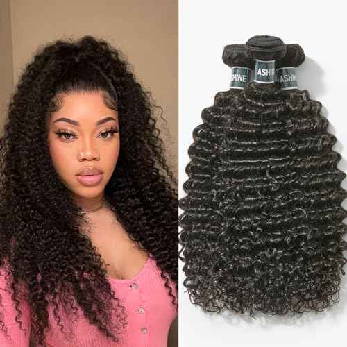 ASHINE Human Hair Bundles Deep Curly Water Wave, Unprocessed Cambodian Raw Hair 14 16 18 Inch, Flip Over Quick Weave Wet and Wave Bundles for Women Natural Black