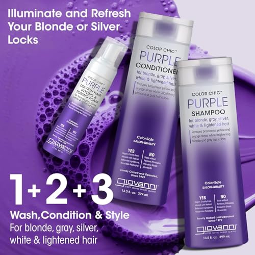 GIOVANNI Color Chic Purple Shampoo, Conditioner, & Styling & Toning Foam for Blonde, Gray, Silver & Bleached Hair, Reduces Brass Tones, Adds Shine, Vegan - 13.5 fl oz & 7 fl oz Mousse (Set of 3)