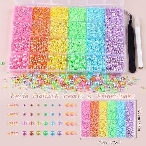 8500PCS Rainbow Flatback Pearls Set, 3/4/6/8mm Pink Purple Blue Half Round Pearls Bedazzling Bead with Tweezer and Pickup Pen for Nail Art Wedding Tumbler DIY Crafts