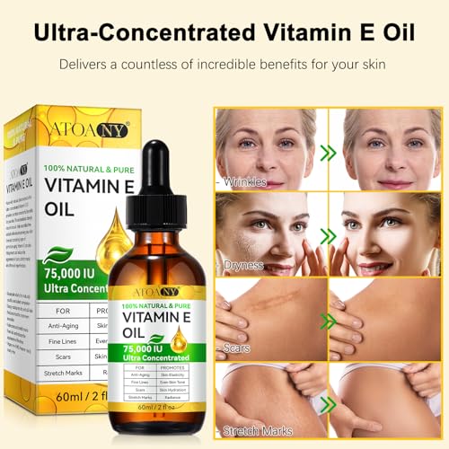 Vitamin E Oil 2 Fl Oz Ultra Concentrated 100% Pure Vitamin E Oil for Skin, Scars, Face, Hair, Natural Body Oil, Hexane-Free, Non-GMO