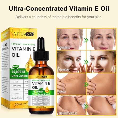 Vitamin E Oil for Skin, Scars and Face, Pure Vitamin E Oil 75,000 IU, Reduce Scars, Fine Lines, Moisturize and Radiant Skin for Whole Body, 2 Fl Oz