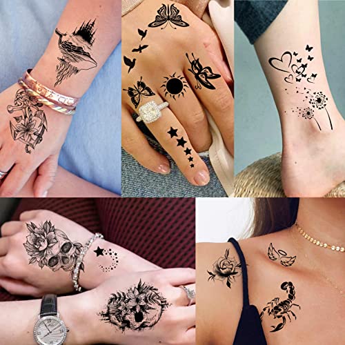 FANRUI 52 Sheets Creative Black Tiny Crown Infinity Triangle Fake Tattoos For Men Women Realistic Stars Letters Tattoos For Kids Temporary Waterproof Arm Hand Face Finger Neck Tatoo Stickers