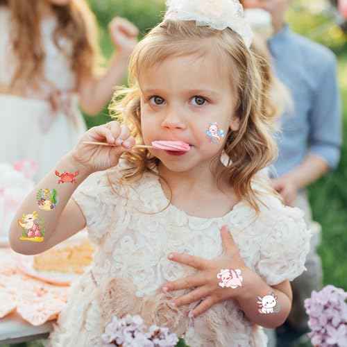 Pink Cute Axolotl Temporary Tattoos - 8 Sheets 200 Pcs Axolotls Birthday Party Decorations Supplies Kawaii Reptile Animals Salamander Tattoo Stickers for Girls Kids School Rewards Gifts