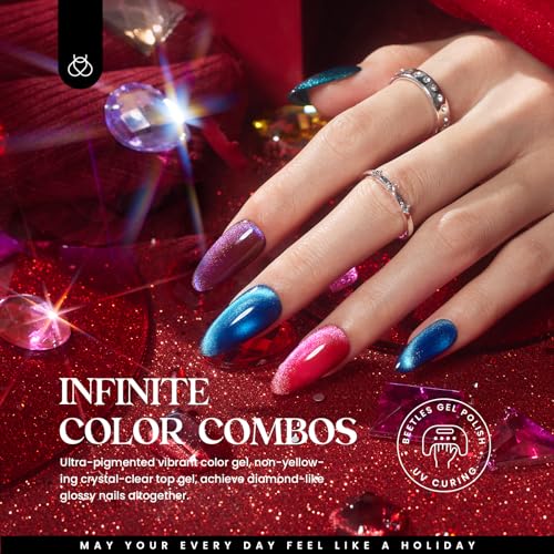 Beetles Magnetic Gel Nail Polish Set, 20 Colors Red Purple Orange Blue Cat Eyes Gel Polish Set Magnetic Gel Nail Polish with Double-ended Pen and Magnet Gel Manicure Kit Soak Off UV for Women