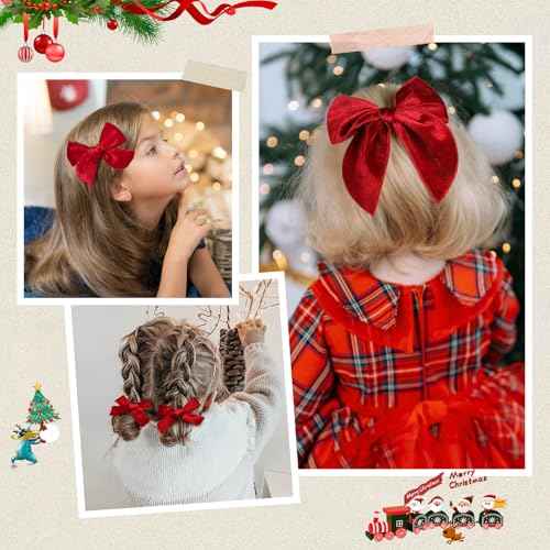 DEEKA 4 PCS Red Velvet Hair Bows 3 Styles 5" & 4" Handmade Hair Bow set for Toddler Girls Alligator Hair Clips Knot Bows Hair Accessories for Little School Girls (Red)