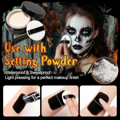 Black & White Halloween Makeup Kit - Face Paint, Lipstick & Setting Powder
