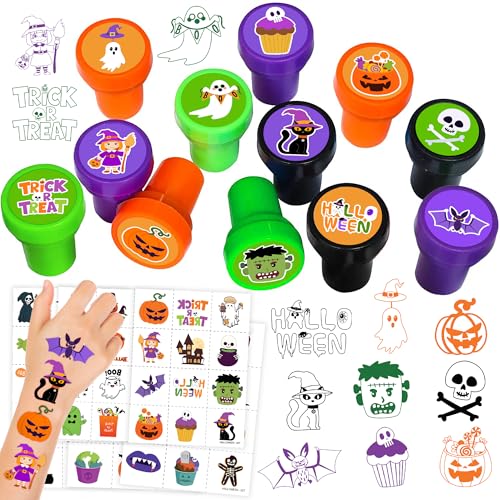 96PCS Halloween Party Favors - 72PCS Pre-Cut Temporary Tattoos & 24PCS Stamps - Ideal Scary Themed Birthday Card Decorations Supplies Goodie Bag Baby Shower Kids Gifts Classroom Rewards Prizes Costume