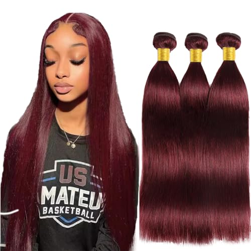 #99J Burgundy Human Hair Straight Bundles - 24 Inch, 3 Pack