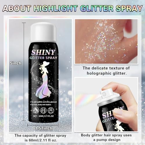 Shiny Silver Body Glitter Spray - 60ml Holographic Fine Powder