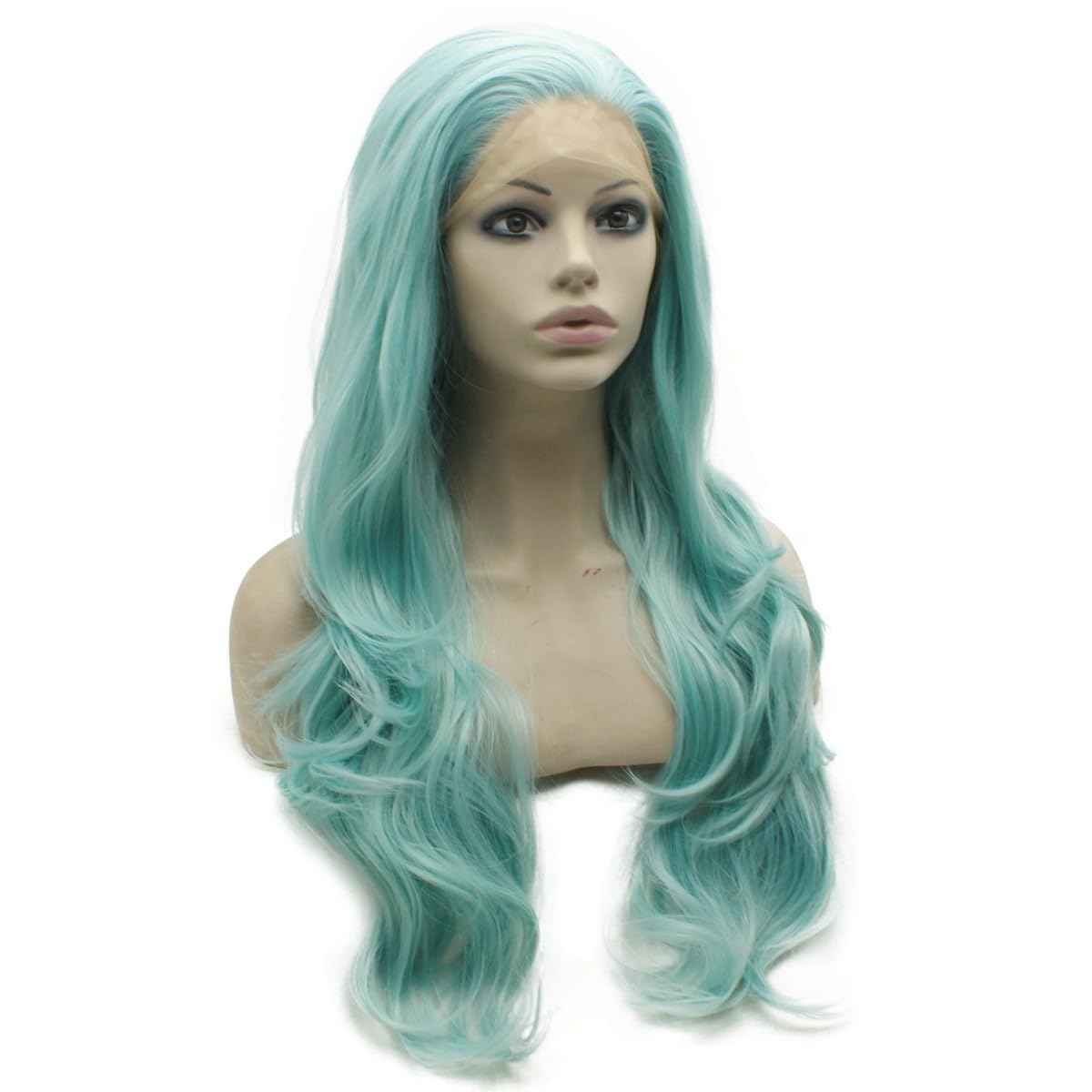 Mxangle Long Wavy Light Blue Half Hand Tied Synthetic Lace Front Wig Fiber Hair Costume Party Wig