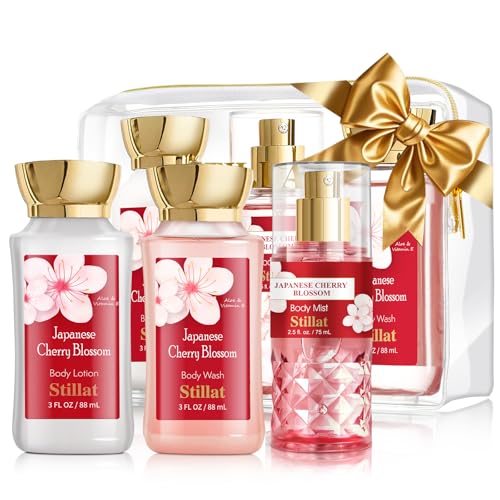 Bath and Body Care Gift Sets, Cherry Blossom Spa Shower Travel Set for Teenager and Her, Including Body Wash, Body Lotion and Fragrance Body Mist, for Birthday Anniversary Wedding Christmas New Year