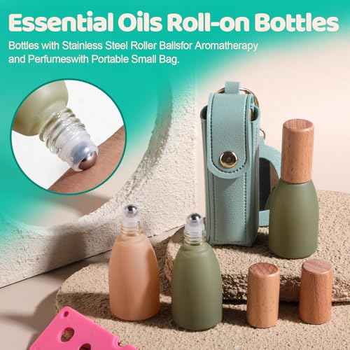 JPNK Essential Oils Roll-on Bottles with Stainless Steel Roller Balls for Aromatherapy and Perfumes with Portable Small Bag Pack of 4
