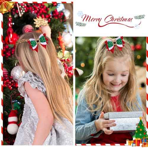 Christmas Hair Bows, Glitter Hair Clips for Girls, 3.5 Inch Red Green White Bows Alligator Hairpin Sparkly XMAS Hair Accessories Christmas Stocking Stuffers Gift for Kids Girls Teens Women
