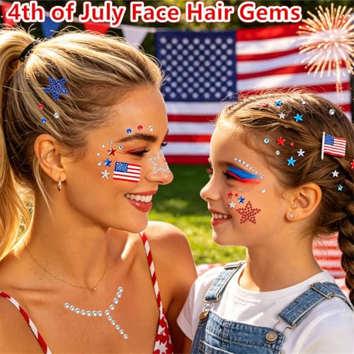 Go Ho 4th of July Star & Round Face Gems, 4 Sheets Self-Adhesive Patriotic Rhinestones – 02 Style