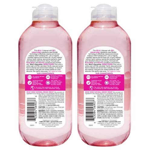 Garnier Micellar Water with Rose Water and Glycerin, Hydrating Facial Cleanser & Makeup Remover, For All Skin Types, Vegan, Cruelty Free, 13.5 Fl Oz (400mL), 2 Count