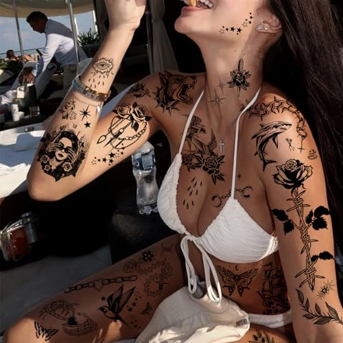 Black Temporary Tattoo Stickers - 12 Sheets Traditional American Tattoos