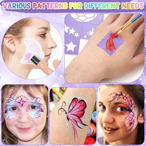 Face Paint Stencils Kit - 33 Reusable Stencils, 10 Brushes & Gems