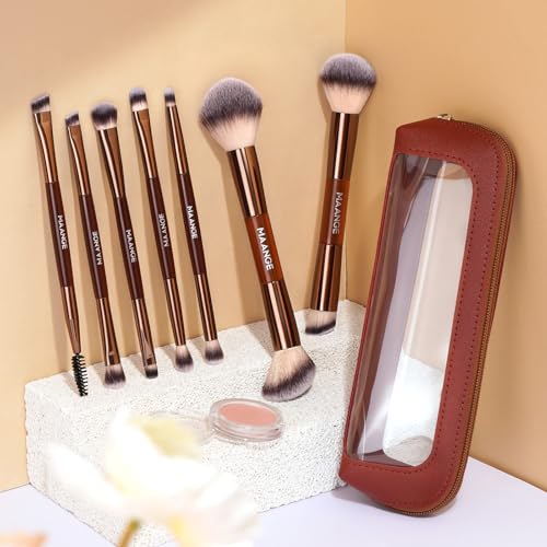 MAANGE 7-Piece Dual-Ended Makeup Brush Set with Bag